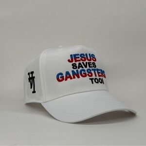 LA “Jesus Saves Gangsters Too!” Embroidered White Snapback